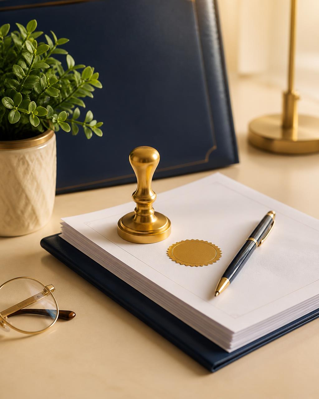 Nita Notary Co workspace with gold notary seal and documents