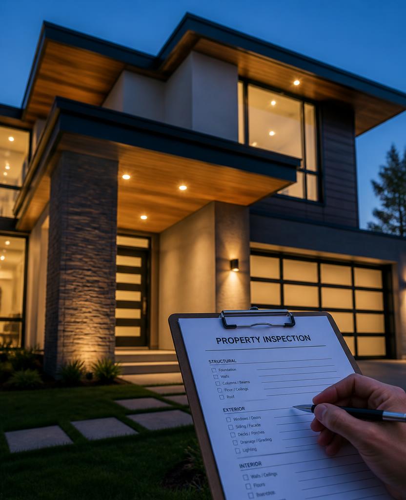 Property inspection clipboard in front of a home exterior at dusk