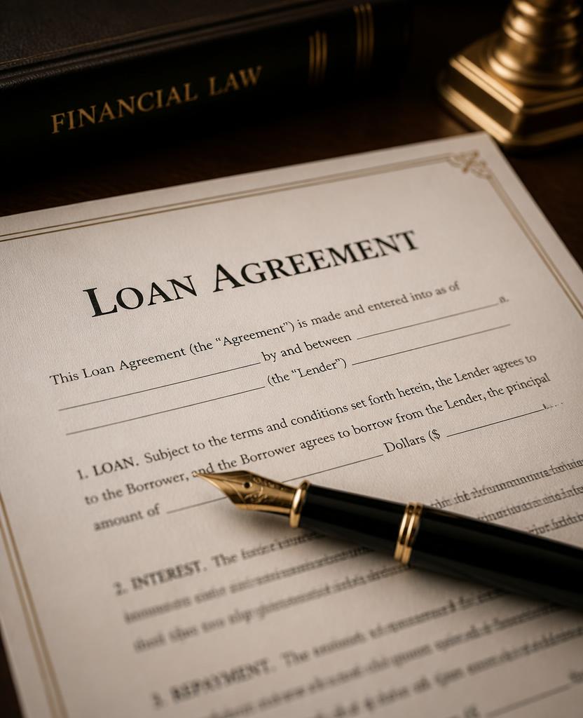 Loan agreement documents on a dark wood table with a fountain pen