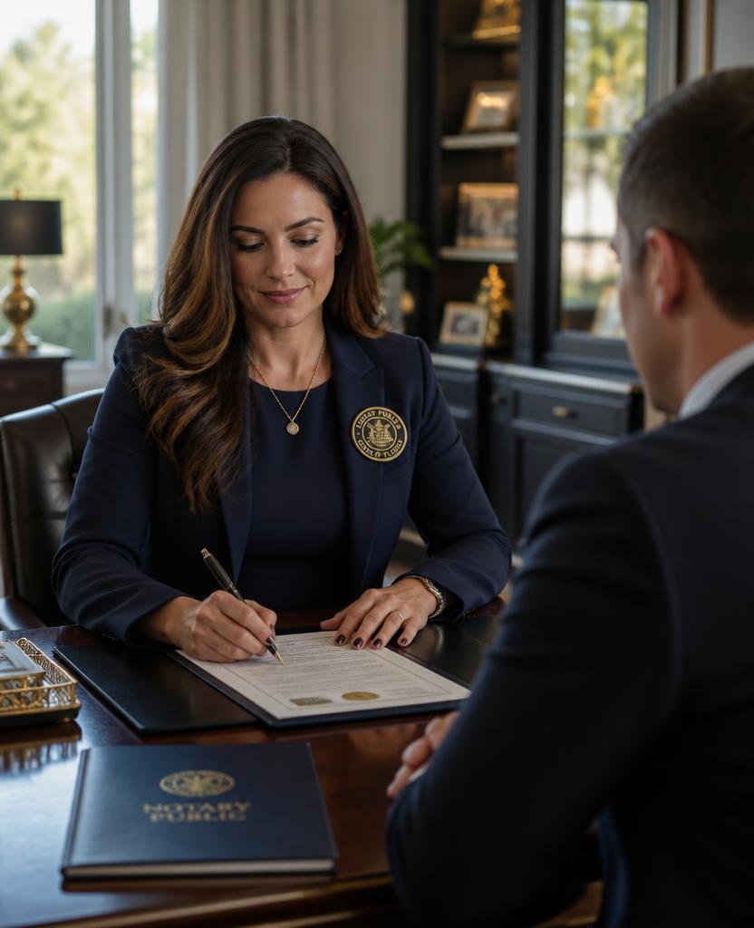 Mobile notary signing documents with a client in an elegant office