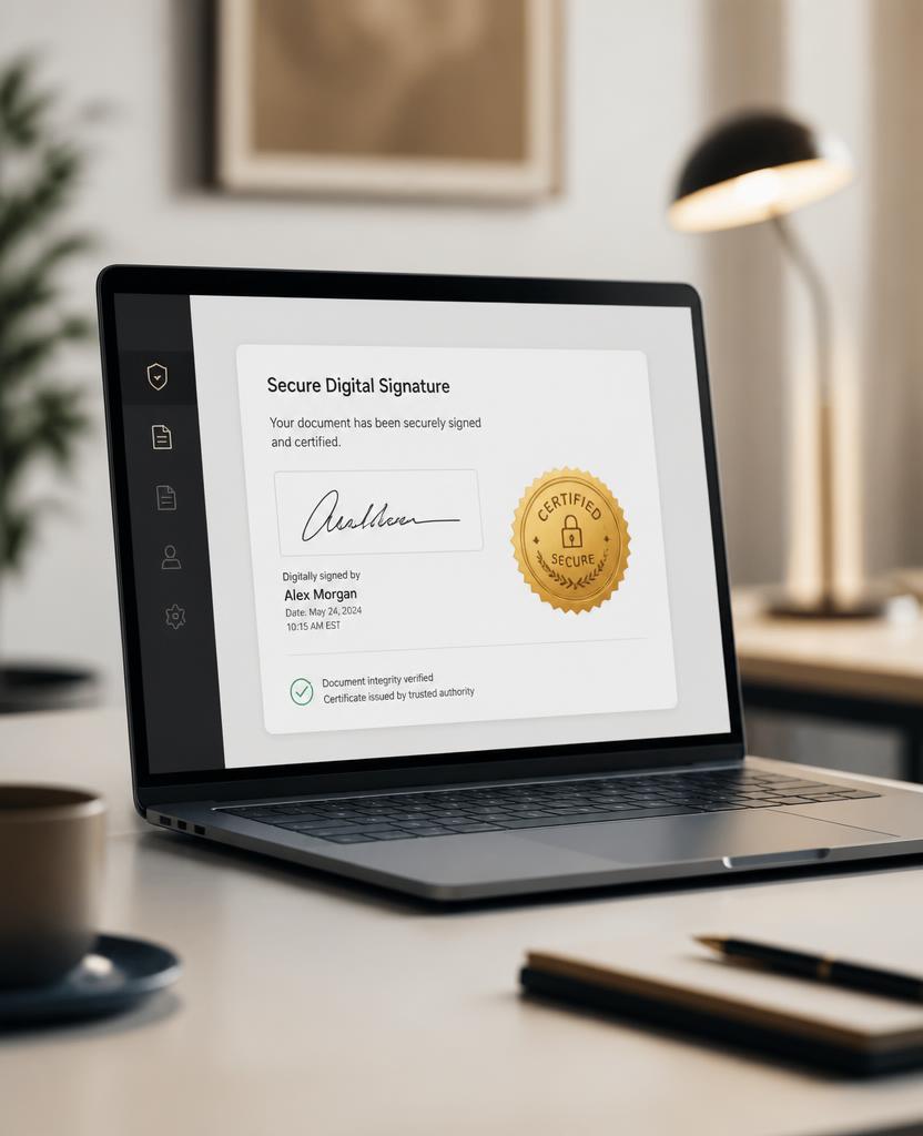 Laptop showing a secure digital signature with a certified gold seal
