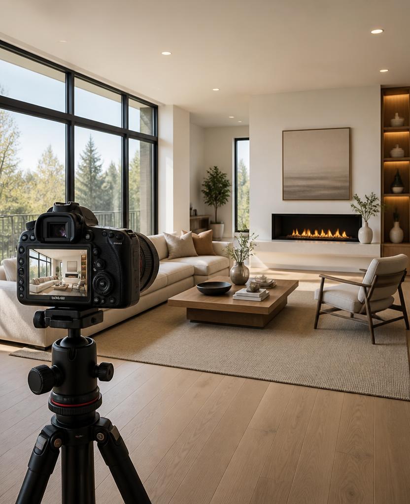 Professional camera on a tripod photographing a bright modern living room